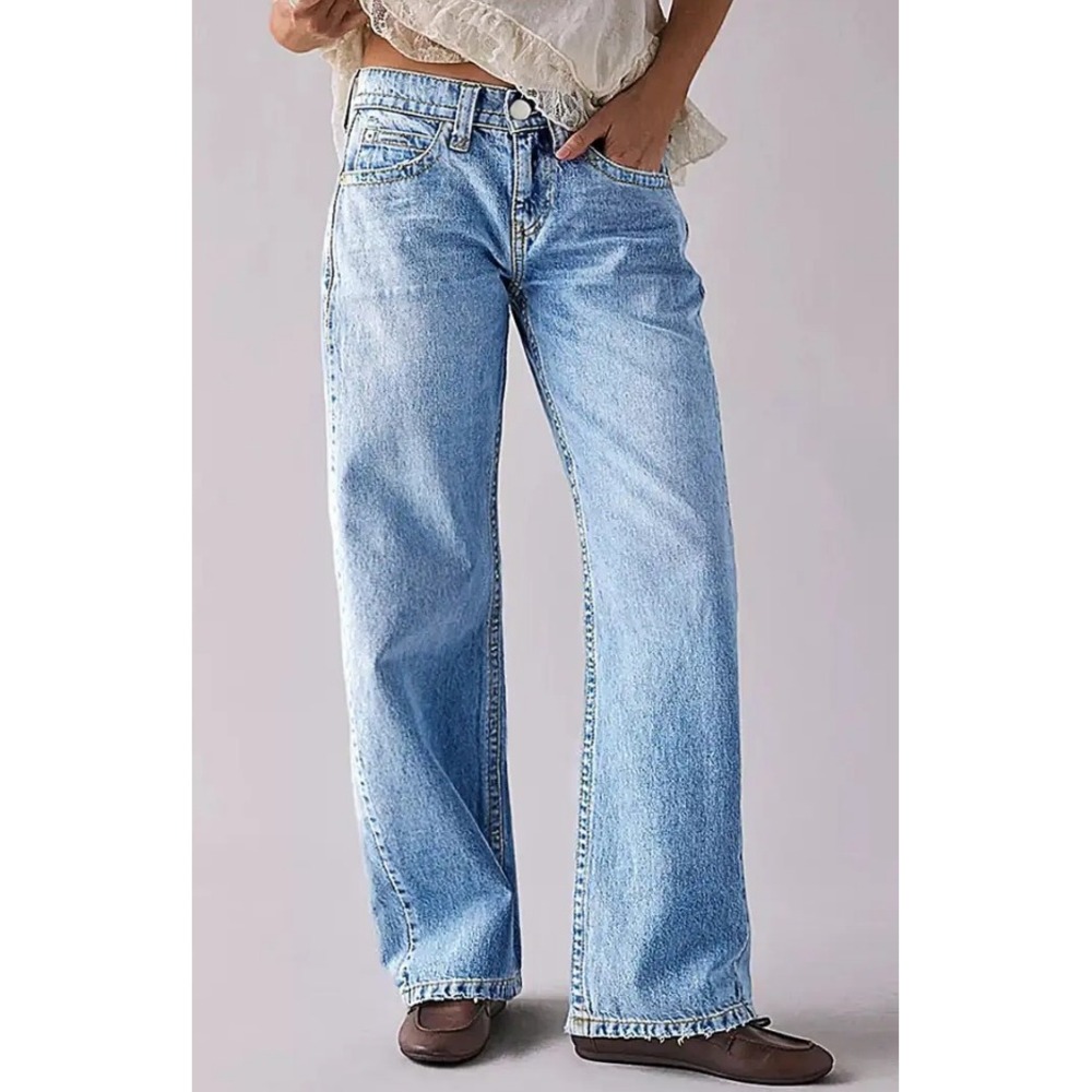 Flamingals Womens Light Wash Raw Hem Mid Rise Straight Leg Jeans Size M